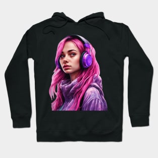 Pink hair girl with purple headphones Hoodie